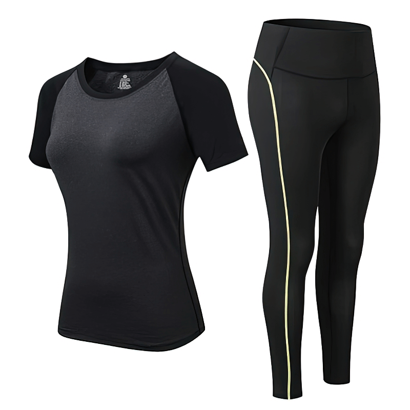 Women's sports elastic short-sleeve split suit in black, ideal for yoga and fitness training.